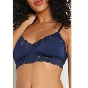NWT Eberjey Rosalia Bralette‎ Lace Trim Soft Wireless Bra Navy Blue Small B1974